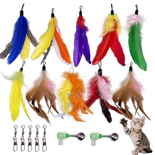 10 Pieces Cat Feather Toy Refills,Cat Wand Replacement Feathers Toys with Clip & Removable Bell,Wand Attachment Feather Toys for Indoor Cats (10 Pcs Feathers) - color: 10 Pcs Feathers