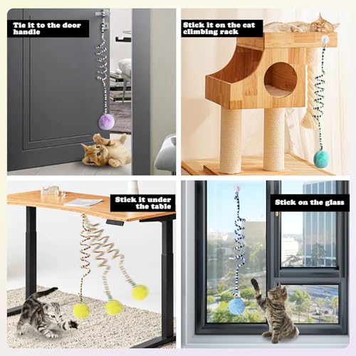 Andiker Cat Spring Toy, Self-Play Stretchable Door Hanging Cat Toy with Bell for Indoor Interactive Cat Toy, Soft Plush Ball with Spring Kitten Toy for Cat Kitten Playing Exercising (Yellow+Blue) - color: Yellow+Blue