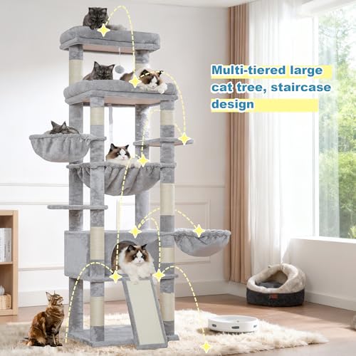 Hey-brother Cat Tree Tower with Extra Large Platform and Basket, MPJ080W - color: Light Gray, size: 71.7 inches