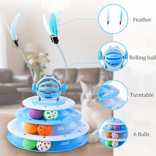Vealind Cat Toy Roller 4-Level Turntable Cat Toys Balls with 14 Pcs Colorful Pom Pom Balls Interactive Fun Mental Physical Exercise Puzzle Kitten Toys (Blue) - color: Blue