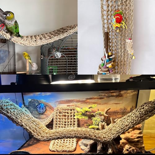 Bird Seagrass Mat 39.4×7" Long Natural Macaw Woven Net Hammock Hanging on Parrot Cage with Hooks Climbing Ladder Swing Chew Toys for Cockatoo Large Parrot Supplies - size: 1Pc 39.4" × 7"