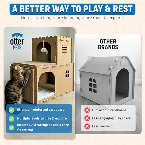OtterPets Cardboard Cat House, 2-Level Cat Scratcher with 2 Scratch Pads