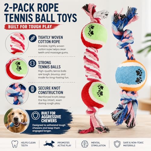 Rope Tennis Ball Toys for Aggressive Chewers, Durable Cotton Rope Tennis Ball Chew Toys for Small, Medium Dogs, Prevent Destructive Chewing, Fetch Toys for Dental Care & Training (2Pcs, Tennis)