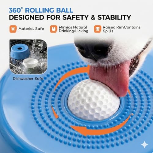 Dog Licking Bowl with Rolling Ball, Dog Lick Bowl, Slow Feeder Dog Bowls, Lick Mat for Dogs with Silicone BPA-Free Food-Grade Suction Base for Yogurt Bone Broth Peanut Butter
