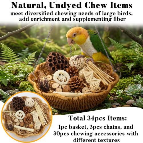 34Pcs African Grey Large Bird Foraging Toy Set with Hanging Basket - size: Size L for Large Birds