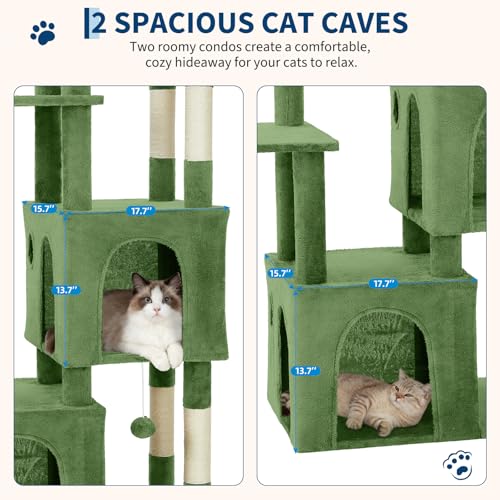 OUTLANE 60-Inch Multi-Level Large Cat Tree, Heavy Duty Cat Tower for Indoor Large Cats Adventure, Stable Furniture with Extra-Wide Top Perch, 2 Hideaway Condos, 7 Natural Sisal Scratching Posts and to - color: Green