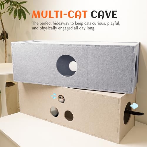 PETKARAY Cat Tunnel, Original Cat Hideaway Cave for Indoor Cats, Large Kitten Play Tubes and Tunnels, Soft Felt Cat Toy with Interactive Peek Hole， Grey Straight - color: Grey, size: Straight Tunnel