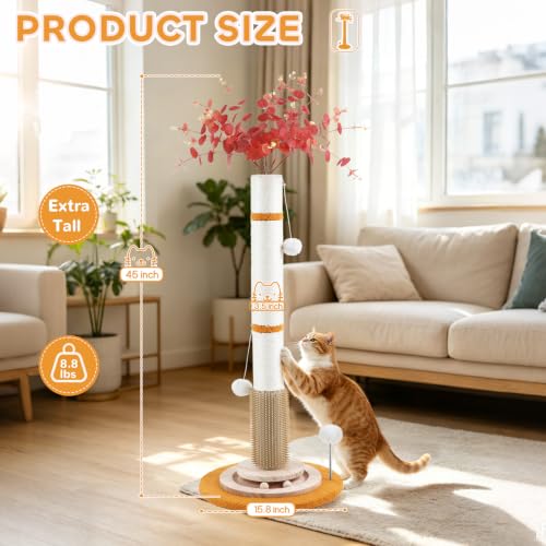 Cat Scratching Post,45'' Tall Scratcher Tree Toys for Indoor Large Cats - color: yellow-45inch