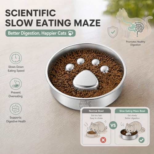 Stainless Steel 2‑in‑1 Double‑Sided Slow Feeder Cat Bowl