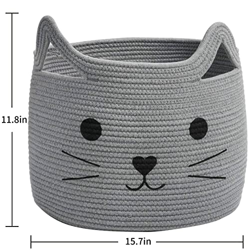 Large Woven Rope Cat Toy Basket with Cat Face Design, Grey - color: Gray, size: 15.7"W x 11.8"H