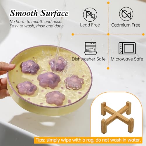 Elevated Ceramic Slow Feeder Cat Bowl with Anti-Slip Bamboo Stand - color: Light Purple