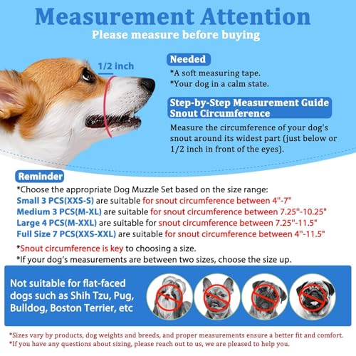 LUCKYPAW Mesh Dog Muzzle Suits for Small Medium Large Dogs Dog Muzzle Set - size: Full Size 7 PCS(XXS-XXL)