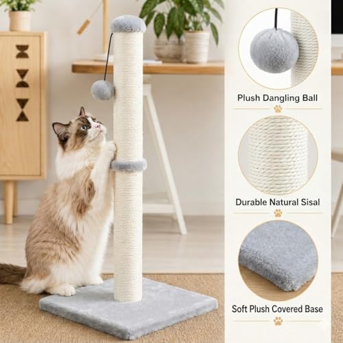 Dimaka 29" Tall Cat Scratching Post, Sisal Rope Scratcher, Grey - color: Grey, size: 29 inches for All Cats