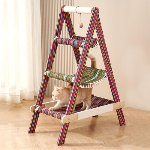 SHENGOCASE 3-Tier Modern Boho Style A Frame Wooden Cat Tree Tower Ladder with Multi-Level Bed Hammock for Large Cat and Sctatching Post, Hanging Toy Ball (Boho) - color: Boho