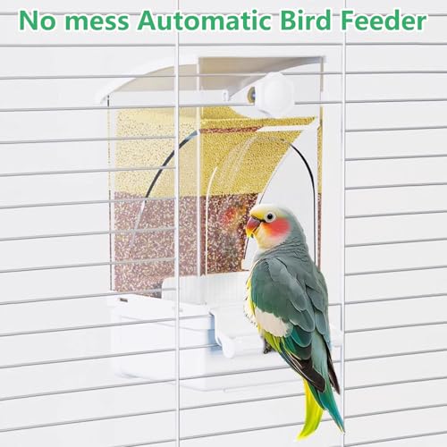 Hamiledyi 2Pcs Automatic Birds Feeder No Mess Bird Cage Feeder Transparent Acrylic Parrot Seed Food Container with Perch Bird Cage Accessories for Parakeet Finch Lovebirds Budgies Canary (White) - color: White Transparent - 2