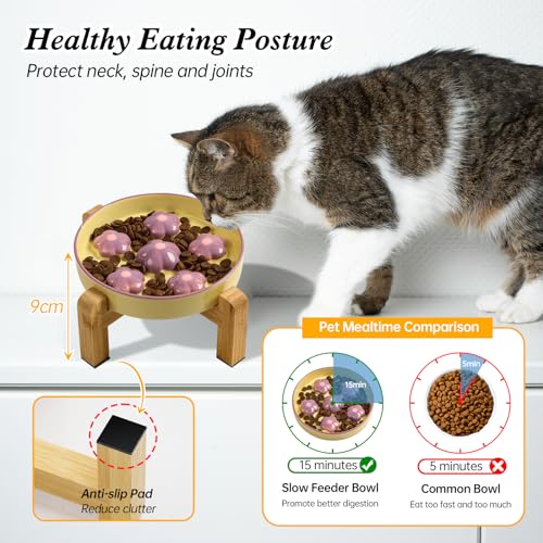 Elevated Ceramic Slow Feeder Cat Bowl with Anti-Slip Bamboo Stand - color: Light Purple