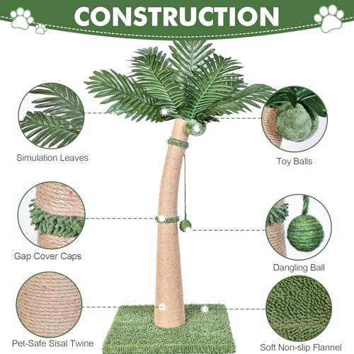 Palm Tree Cat Scratching Post, 36'' Cat Scratcher Post with Natural Sisal Rope, 3 Interactive Balls and Curved Design Scratching Posts for Indoor Cats Adults and Kittens, Multi-Combinable (Style B) - size: Style B