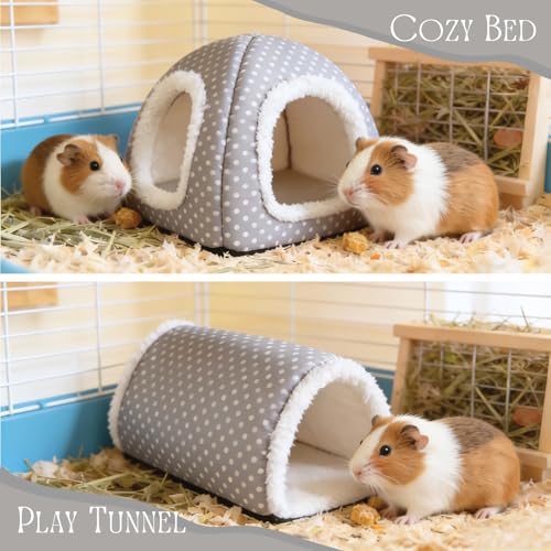 Guinea Pig Hideout and Play Tunnel Set, Washable Fleece Bed for Dwarf Rabbits, Bunnies, Chinchillas, Small Animal Toys - Grey Dot - color: Grey