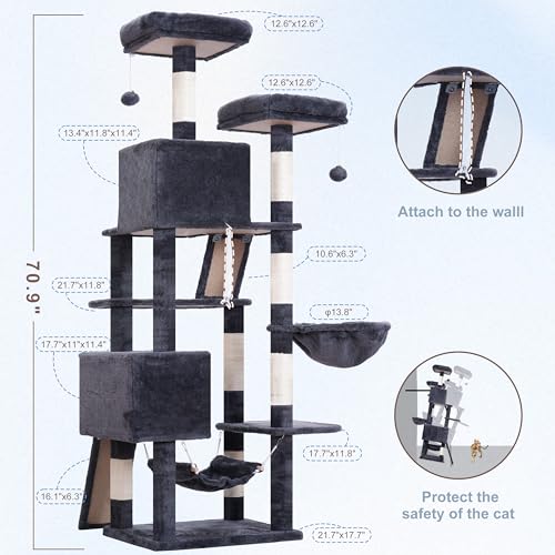 Gitelsnour Cat Tree, 71'' Tower for Large Cat with Scratching Post, GCT032G - color: Smoky gray, size: 71 inches