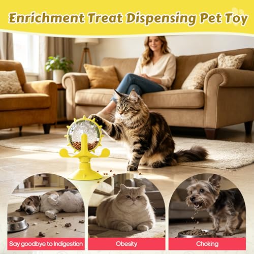 Cat Food Treat Dispenser Toy Interactive with 360°Rotating Windmill Suction Cup for Indoor Cats, Kittens & Small Dogs Slow Feeder Snack Exercise & Distribution Wheel Toy - color: Yellow- Pinwheel, size: Pinwheel
