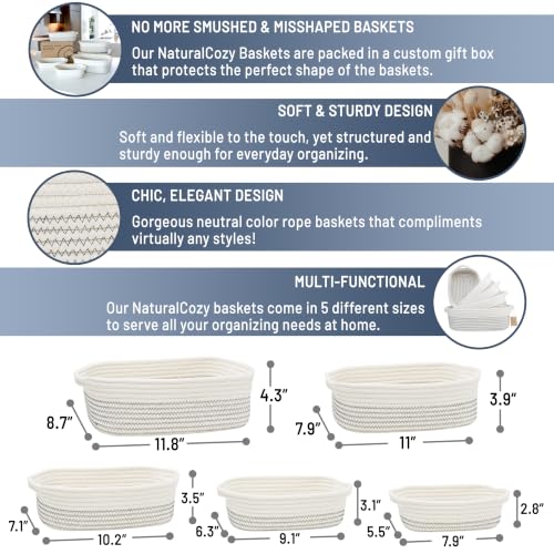 NaturalCozy 5-Piece Rectangle Storage Basket Set- Natural Cotton Rope Woven Baskets for Organizing! Small Basket for Montessori, Baby Nursery, Dog Toy Baskets, Cat Toy Box, Bathroom Organization Bin - color: Black Stitching