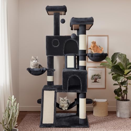 SHA CERLIN 65in Larger Cat Tree Tower Condo for Indoor Kitties/Multi-Level Furniture Activity Center with Wide Base/Cozy Plush Cat Perches/Baskets/Sisal Scratching Posts and Hammock/Dark Grey - color: Dark Grey