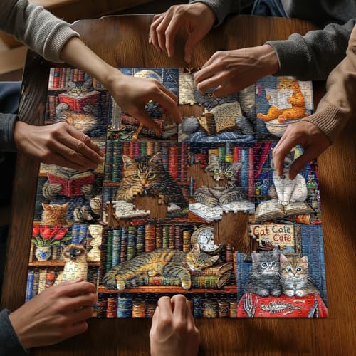 Vintage Cat Puzzles for Adults 1000 Pieces，PICKFORU Retro Cat Library Themed, Book Kitten Bookshelf Jigsaw Puzzles Collage Challenge - style: Retro
