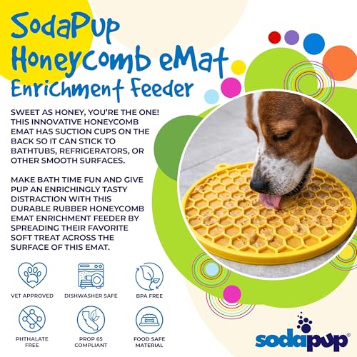 SodaPup Honeycomb Round eMat – Durable Enrichment Feeder for Dogs & Cats Made in USA from Non Toxic Pet Safe Food Safe TPE for Slow Feeding, Calming, Digestive Support, & Licking Fun - color: Yellow Honeycomb