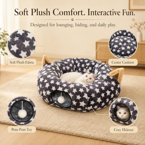 Large Cat Tunnel Bed Under Christmas Tree with Fluffy Toy Balls, Small Cushion and Flexible Design- 10 inch Diameter, 3 ft Length- Great for Cats, and Small Dogs, Gray Star Pattern - color: Gray Star, size: Tunnel Bed