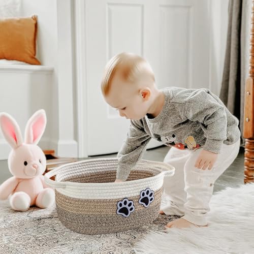 Small Woven Cotton Rope Nursery Organizer Bins, Dog Toy Basket Bins with Handle, Cute Empty Pet Gift Storage Baskets with Paw - color: White-Jute