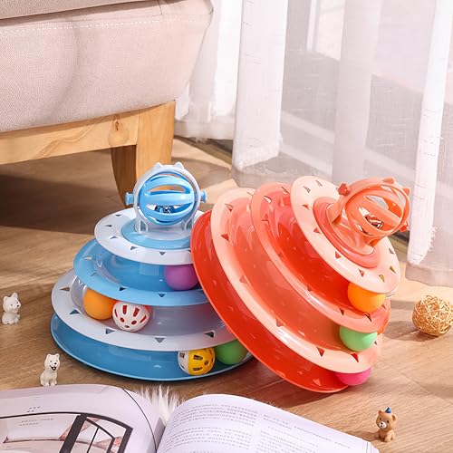 Vealind Cat Toy Roller 4-Level Turntable Cat Toys Balls with 14 Pcs Colorful Pom Pom Balls Interactive Fun Mental Physical Exercise Puzzle Kitten Toys (Orange) - color: Orange