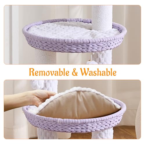HITTITE Modern Cat Tree Tower with Scratching Post, 46 Inches Tall Cat Towers with Woven Cat Nests and Cave, Multi-Level Cat Tree With Removable Cushions and Massage Brush for Indoor Cats Large Adult. - color: 46"-Purple