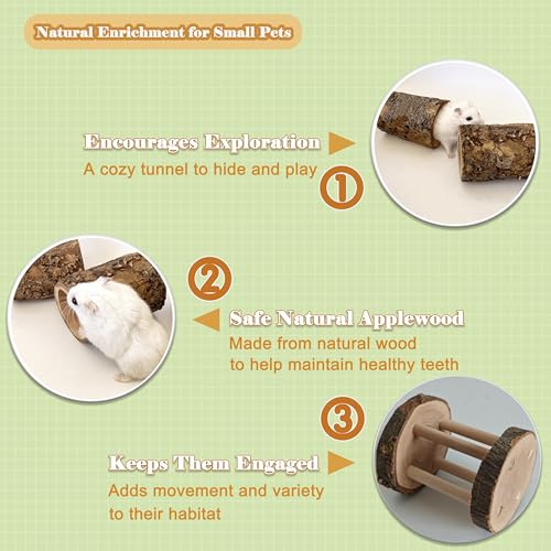 4 PCS Natural Apple Wood Hamster Tunnel and Roller Toy Set Small Animal Hideout and Chew Toys for Dwarf Hamsters Mice Gerbils Rats Sugar Gliders Cage Enrichment Accessories (Style-A) - color: A