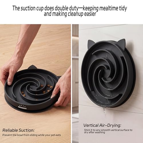 Slow Feeder Cat Bowl, Silicone Maze Design with Suction Base - color: Black
