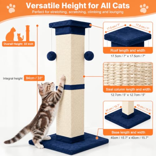 Cat Scratching Post 33 Inch Nature Sisal Scratch Post for Indoor Cats, Large Cat Scratcher Protect Your Furniture, for All Breeds Blue - color: Blue