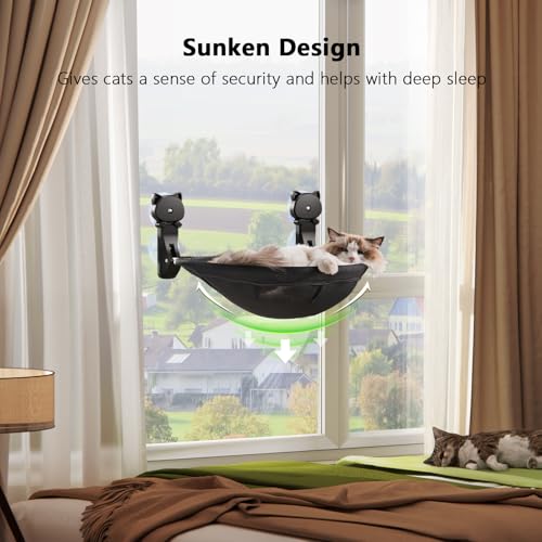 JUNSPOW Cat Window Perch Cordless, Foldable & Stable Cat Beds- Breathable Cat Window Hammock for Overlooking, Sunbathing and Climbing - Maximum Hold Up to 40lb