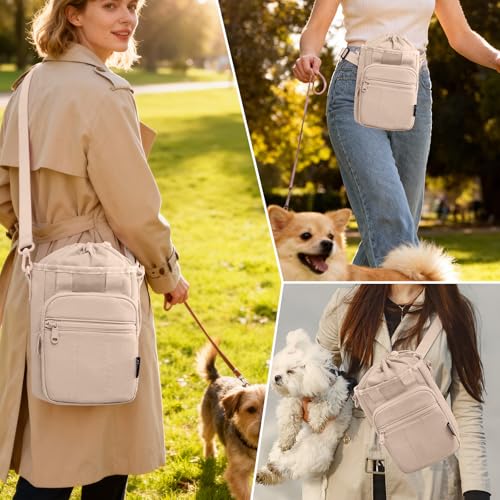 Stylish Dog Training Treat Pouch with Waist & Shoulder Strap, Dog Treat Bag for Walking and Training, Removable Waterproof Liner, Drawstring Treat Holder with Front Pocket & Clicker - color: Camel
