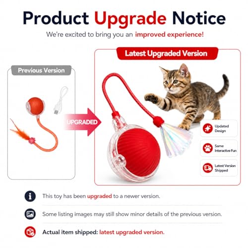 Interactive Cat Toy Ball with LED Lights, USB-C Rechargeable Automatic Cat Toy with Feather Tail, Smart Exercise Toy for Indoor Cats & Kittens, Upgraded Version - color: Red ball