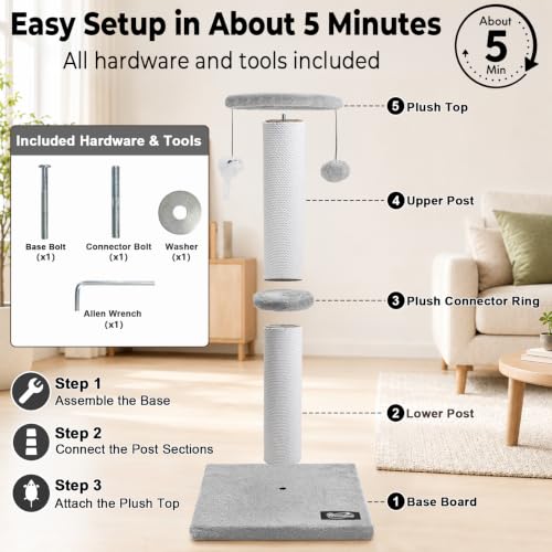 34"Tall Cat Scratching Post for Large Cats, Stable Base, Light Gray - color: Light Gray