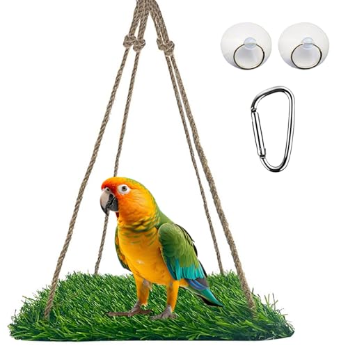 Square Artificial Grass Bird Foraging Mat, 10" x 10" Hanging Perch Platform, Bird Cage Accessories for Parakeets, Cockatiels, Budgies, Bearded Dragons & Small Pets