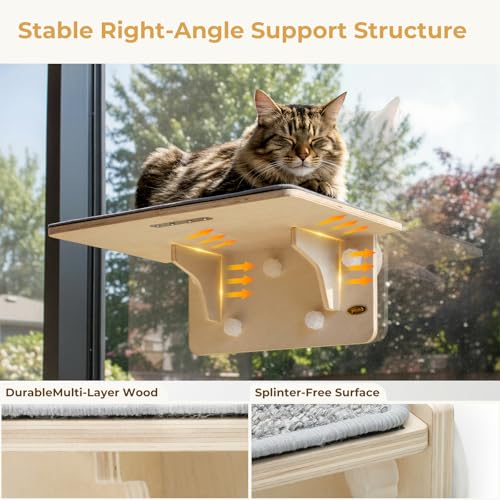 Pecute 2-in-1 Large Cat Window Perch & Wall Shelves, Solid Wood, 21"x11" - size: 21.25"L x 11"W