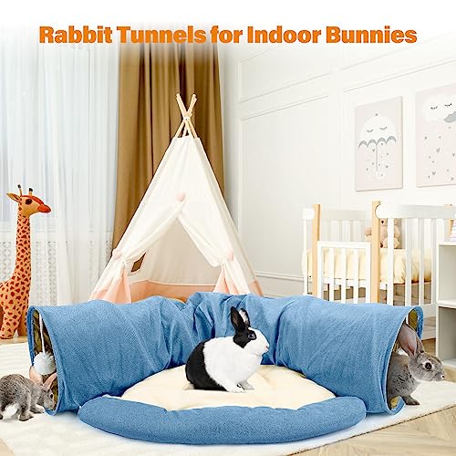 BWOGUE Bunny Tunnel Bed, 2-in-1 Collapsible Rabbit Tunnel Hideout with Mat - color: Blue
