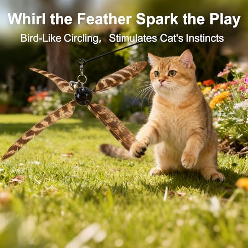 Cat Wand Toys Interactive for Indoor Cats, 4PC 4-Blade Feather Propeller Refills, 1PC Cat Wand (Wild-Style Brown) - color: Wild-Style Brown