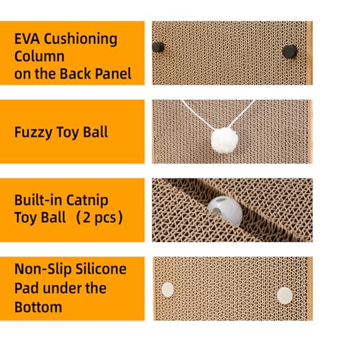 27.6 Inch Reinforced Cat Scratcher, L-Shaped Wall Mount Scratching Post with 2 Catnip Balls & 1 Fuzzy Ball Toy, Easy Flip Scratch Pad for Indoor Cats - size: 27.6 Inch 1-Pack Wooden Color