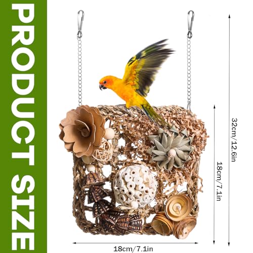 Bird Foraging Wall Toy, Seagrass Woven Climbing Hammock Mat with Chewing Toys,Parrot Shredding Hanging Toys for Cockatiel Lovebird Parakeet Budgie Small-Medium Birds (Small)