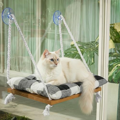 Cat Window Perch, Indoor Hammock Bed with Solid Pine Wood, 4 Industrial-Grade Suction Cups, Window Hammock with Soft Cushion for Cats, Space Saving Design - color: Black/white