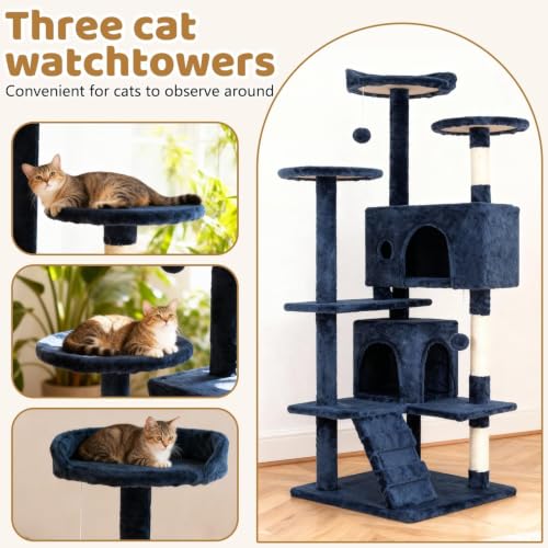BestOffice 54" Cat Tree with Toy, Multi-Level Cat Tower Indoor Navy Blue - color: Navy Blue, size: 54 Inch