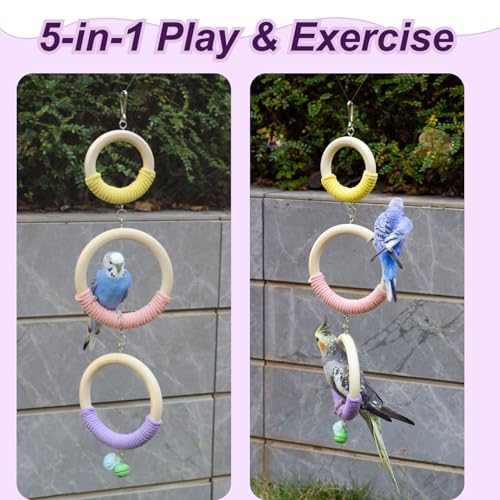 3-Ring Bird Wooden Swing with Bell Climbing Toy Chewable Cotton Rope Perch