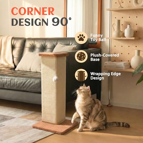 PETKARAY Couch Corner Cat Scratcher, 22.5" Sisal Scratching Post for Indoor Cats, Corner Wall Scratch Pad for Furniture Protection, Plush Base, Medium - size: Medium