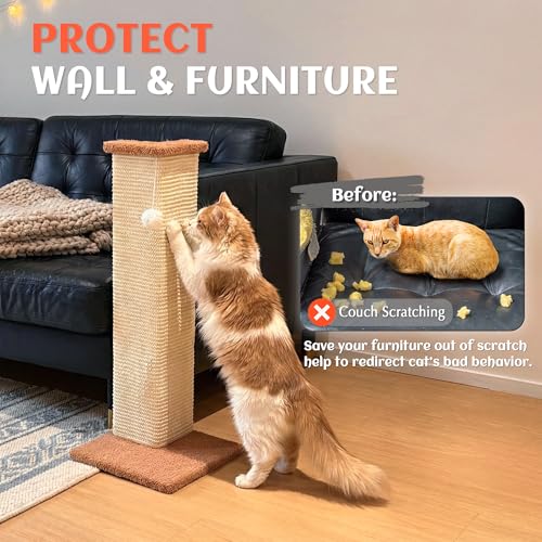 PETKARAY Couch Corner Cat Scratcher, 28.5" Sisal Scratching Post for Indoor Cats, Corner Wall Scratch Pad for Furniture Protection, Plush Base, Large - size: Large